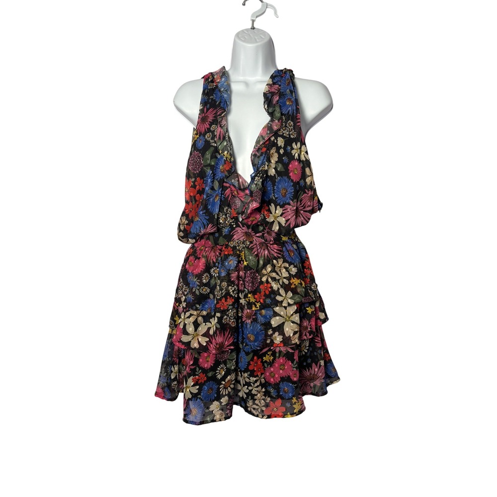 Slate & Willow Floral Ruffle Mini Dress XS Black Open Back Cottagecore‎ NEW